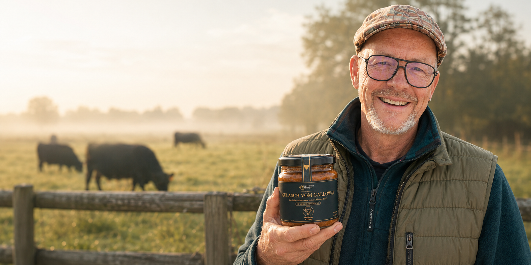 Dirk mit Galloway-Gulasch im Morgengrauen in Nordfriesland