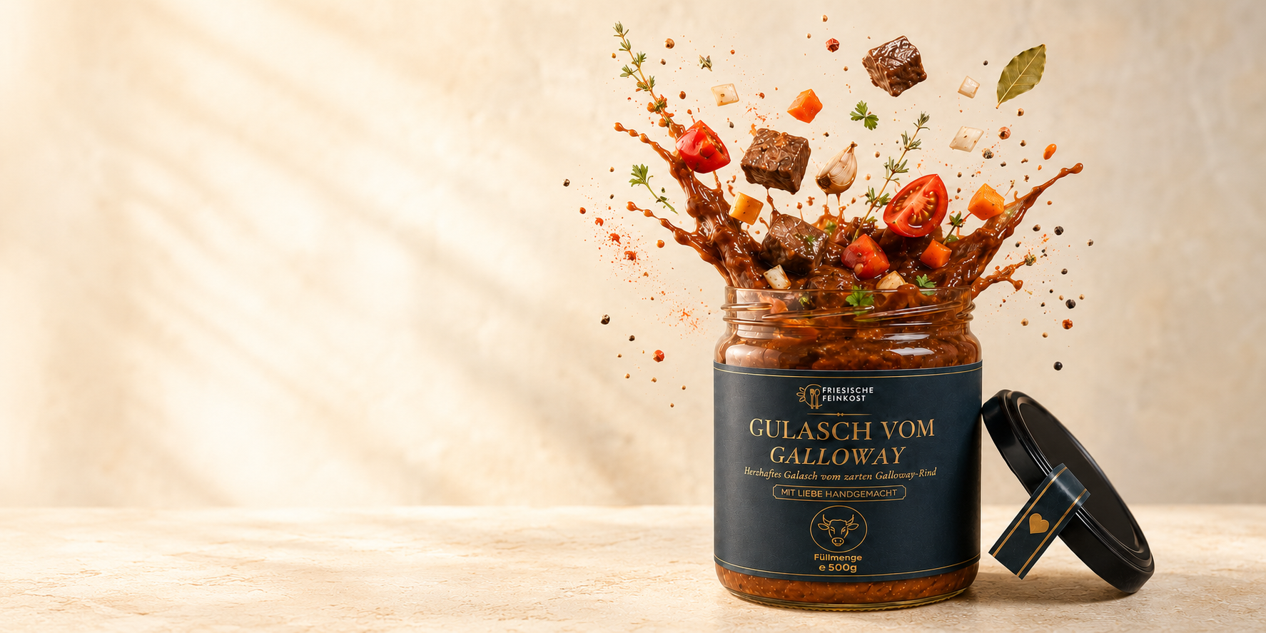 Sonnendurchflutetes Glas mit Galloway-Gulasch