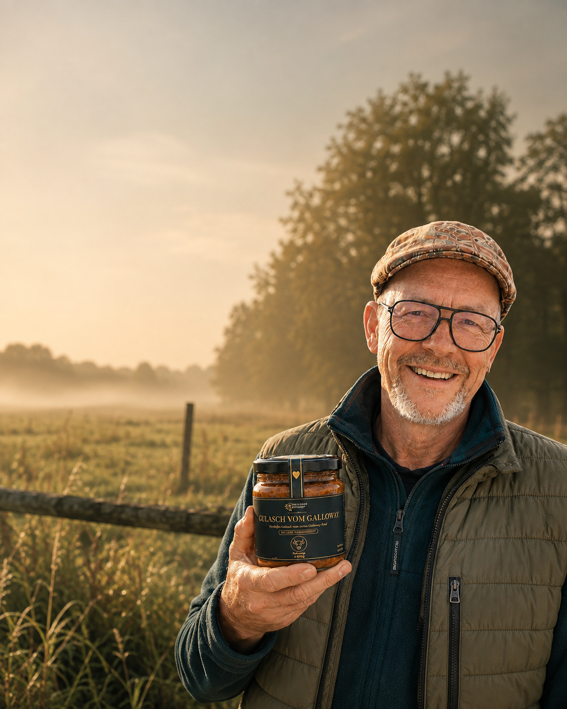 Dirk bereitet im Morgenlicht frisches Galloway-Gulasch zu