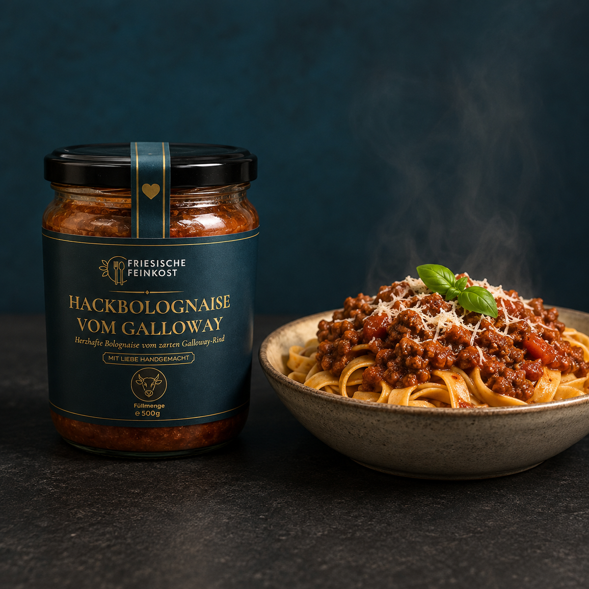Hackbolognaise vom Galloway – 500 g – Glas mit serviertem Gericht