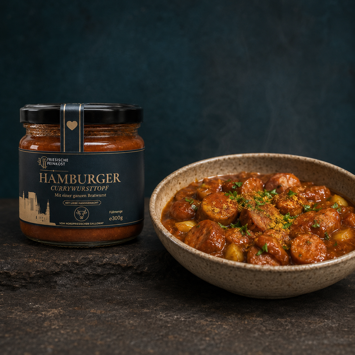Hamburger Currywursttopf – 300 g – Glas mit serviertem Gericht