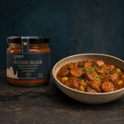 Hamburger Currywurst im 300-g-Glas mit serviertem Gericht
