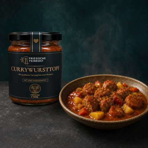 Currywursttopf – 500 g – Glas mit serviertem Gericht
