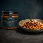 Edelbolognese vom Galloway – 300 g – Glas mit serviertem Gericht