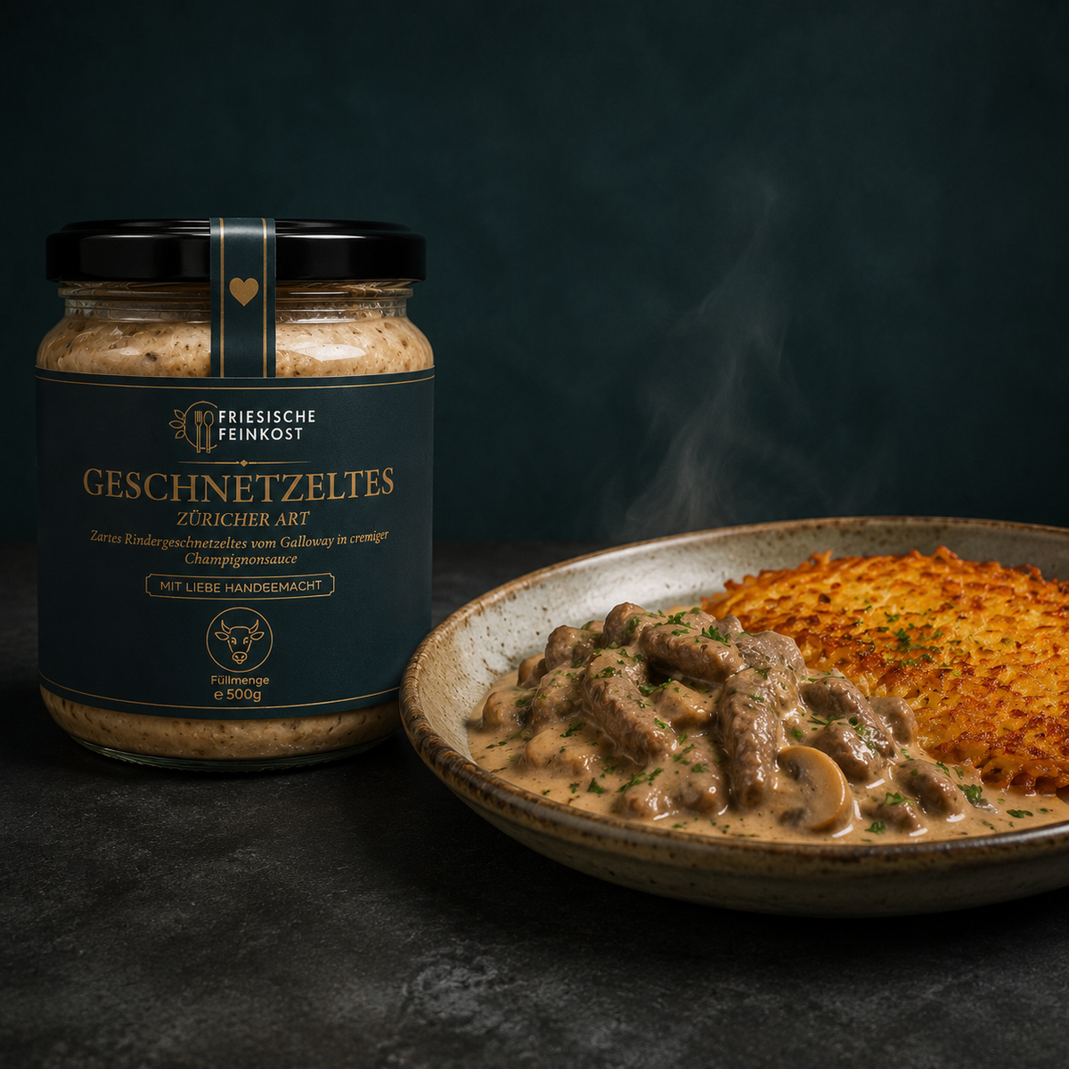 Zürcher Geschnetzeltes – 500 g – Glas mit serviertem Gericht