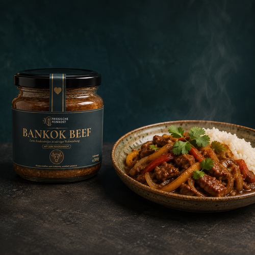 Bangkok Beef – 300 g – Glas mit serviertem Gericht