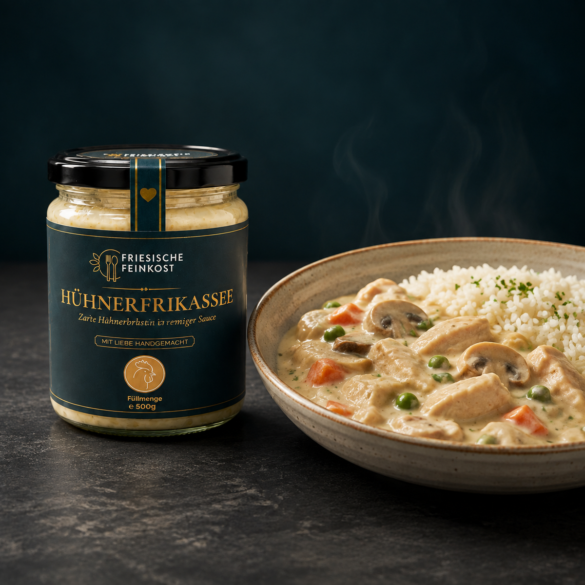 Hühnerfrikassee – 500 g – Glas mit serviertem Gericht