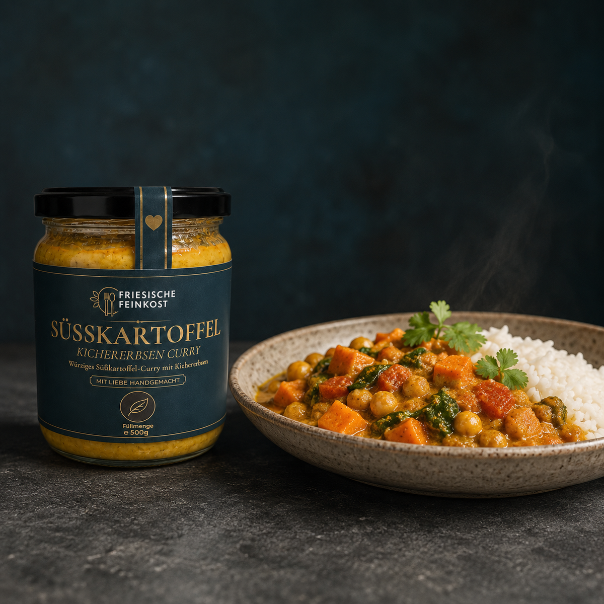 Süßkartoffel-Kichererbsen-Curry – 500 g – Glas mit serviertem Gericht