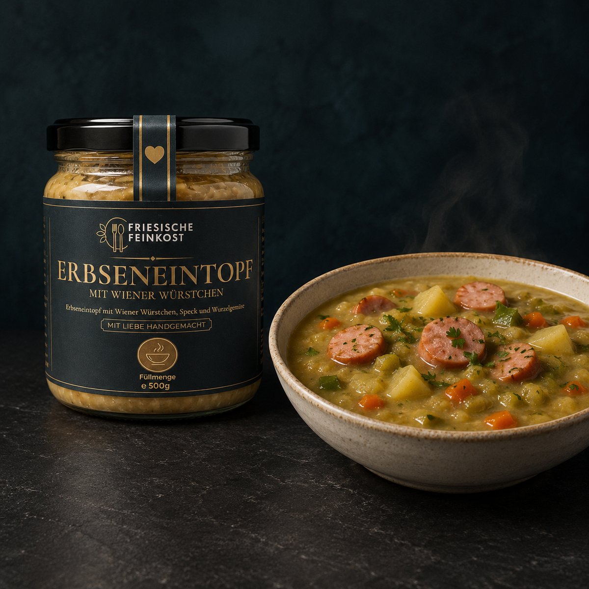 Erbsensuppe mit Wiener Würstchen – 500 g – Glas mit serviertem Gericht