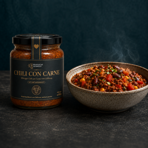 Chili con Carne – 500 g – Glas mit serviertem Gericht