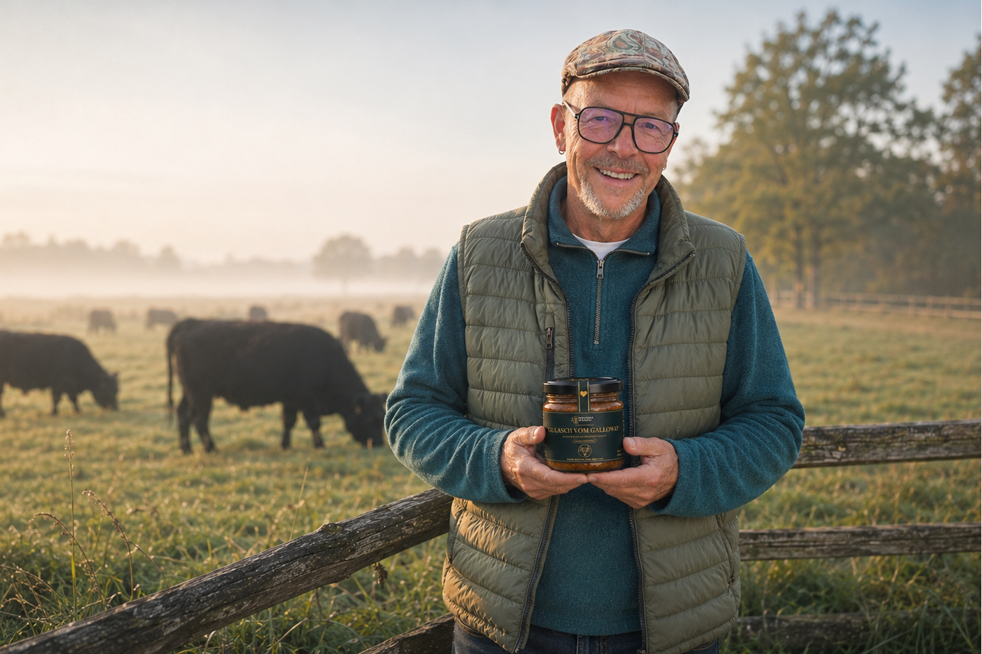 Dirk auf dem Galloway-Hof am frühen Morgen in Nordfriesland