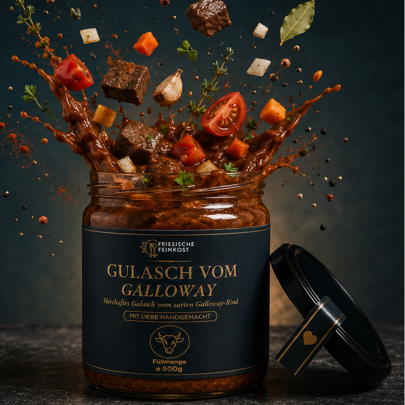 Galloway-Gulasch in Bewegung, frisch aus dem Glas serviert